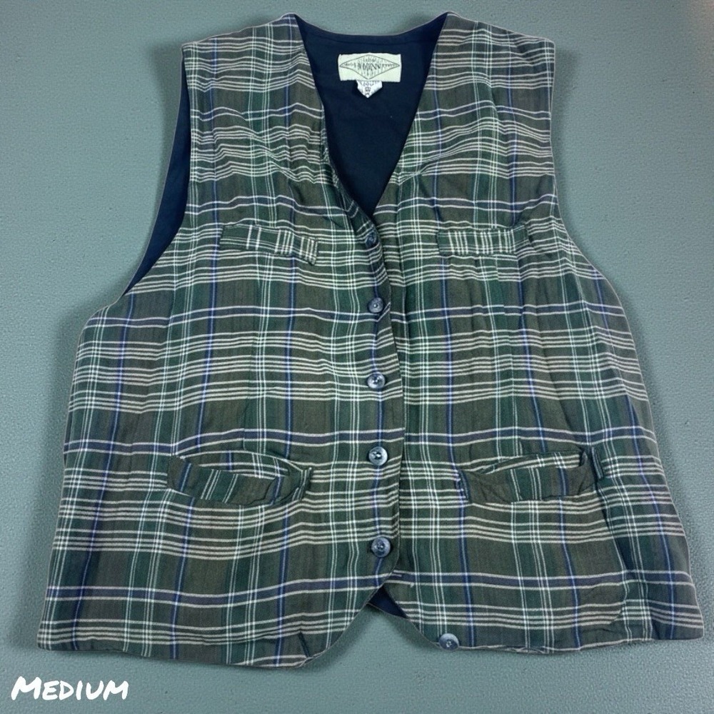 VTG 90s Plaid Vest Mens MEDIUM Green Button Front Preppy Academia Cotton Pockets